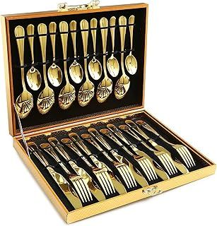 24Pcs Gold Silverware Set, Gold Forged Stainless Steel Flatware, 6 x Dinner Knife, 6 x Dinner Spoon, 6 x Dinner Fork, 6 x Teaspoon, Polished Tableware for Wedding Anniversary Christmas Party