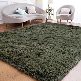 Fluffy Area Rug for Living Room Bedroom, 4 x 6 Olive Green Rug Fuzzy Non-Slip Modern Carpet Ultra Soft Faux Fur Rugs for Dorm Kids Room Home Decor