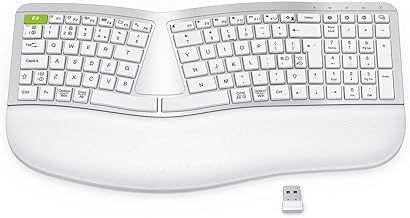 Seenda Wireless Ergonomic Keyboard, 2.4G USB + Bluetooth Split Keyboard - Rechargeable with Tilting Legs and Wrist Rest - Compatible with Windows/Mac OS/Android/iOS - UK Layout - White and Silver