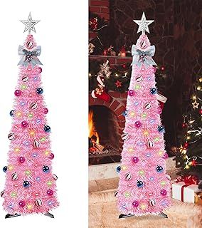 Artificial Collapsible Tinsel Christmas Trees with Lights, 5ft/1.5m Pop Up Pencil Christmas Trees, Glittering Sparking Xmas Decoration Tree with Stand (Pink with balls and bow)
