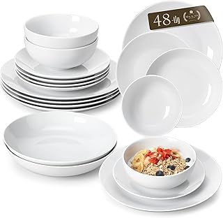 MALACASA 48-Piece Gourmet Porcelain Plates and Bowls Set, Round Dinner Sets for 12 People White Dinnerware Sets Tableware with with 12 Dinner Plates/Dessert Plates/Soup Plates/Bowls, Series Amelia