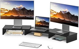 RFIVER Dual Monitor Stand Riser for 2 Monitors - Desktop Organizer Stand - Adjustable Length & Swivel Angle Wooden - Multifunctional Oraganizer Computer for Laptop, PC, Computer, Printer - Black