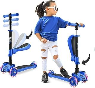Hurtle 3-Wheel Try Scooter for Kids - Ages 2-12, Flip-able Seat, Foldable, Flashing Lights, Adjustable Height