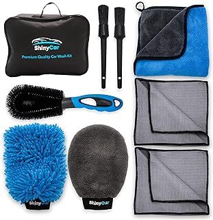 ShinyCar™ UK: Premium Car Washing Kit with Bag - All You Need for Professional Results. Includes Wash Mitts, A Game-Changing Microfibre Drying Towel, Waffle Cloths & Trio Of Brushes For Deep Cleaning