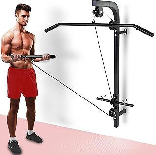 Home Wall Mounted Cable Machine Pulley System | Multi Gym For Homes, Garage, Gyms, etc. | Lifts up 200KG | Comes With Lat Pull Down Bar and Straight Bicep Tricep Curl Bars