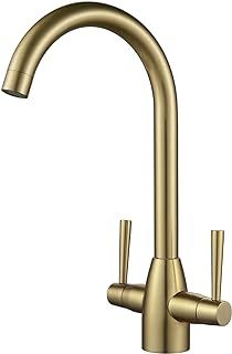 NewEast Gold Kitchen Tap, Swan Neck Kitchen Sink Tap with Swivel Spout, Dual Lever Hign Arc Kitchen Monobloc Mixer Tap