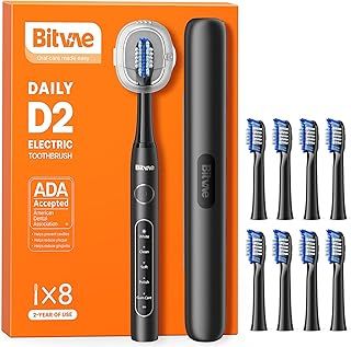 D2 Ultrasonic Electric Toothbrush for Adults and Kids, Electric Toothbrush with Rechargeable Power, 8 Toothbrush Heads and 5 Modes, Black