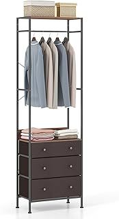 COSTWAY Clothes Rail, Freestanding Metal Garment Rack Clothes Stand with 3-Level Hanging Rail, 3 Fabric Drawers and Storage Shelf, Open Wardrobe Coat Organiser for Bedroom Closet Hallway (Brown)