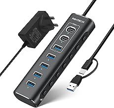 RSHTECH Powered USB 3.1/3.2 Hub, 24W 7-Port USB C Hub with 3x 10Gbps Data Ports (2C+1A), 4x USB-A 3.0 and 12V/2A Power Adapter, Aluminum USB3.2 Splitter with 3.3ft USB Cable (RSH-A107C)