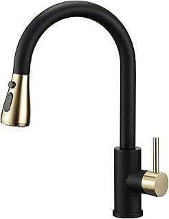 Peppermint Pull Out Kitchen Sink Mixer Tap Mono Matte Black and Brushed Gold Kitchen Faucet with Pull Down Spray, Modern Single Lever Swivel Bar Taps 1 Hole with 3 Mode Spray Head