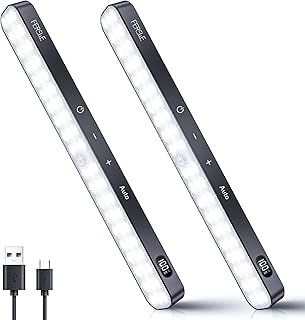 Ferswe Motion Sensor Lights Indoor, 60 LED Rechargeable Under Cupboard Kitchen Lights, Battery Levels Display, Dimmable Under Cabinet Kitchen Lights for Wardrobe, Counter, Closet, Stairs(2 Pack)