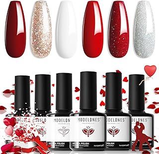 Modelones Gel Nail Polish, 6 Colors Summer Gel Polish Set Red Glitter White Gel Nail Polish Set Soak Off Dark Rose Silver Nail Gel Nail Art DIY Manicure Salon and Home for Women