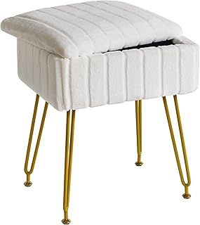 IBUYKE Stool Chair with Storage Space, Footrest Footstool Ottoman, Small Side Table, with 4 Metal Legs, with Anti-Slip Feet, for Makeup Room, Bedroom, Faux Fur, White L/G-50W