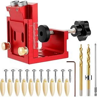 Pocket Hole Jig Tool Kit for Carpentry, Pocket Hole Drill Guide Jig Set for 15° Angled Holes, Portable Wood Pocket Hole Screw Clamp System for Woodworking (Red)