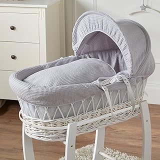 For Your Little One Grey Waffle White Wicker Baby Moses Basket With Mattress