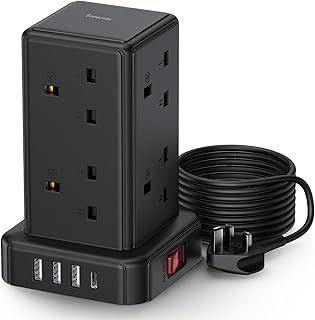Tower Extension lead Surge Protection Extension Lead with Switch (13A 3250W) 8 AC Outlets & 4 USB Ports Plug Extension Socket Extension Cable 2M Mini Power Strip for Home, Office