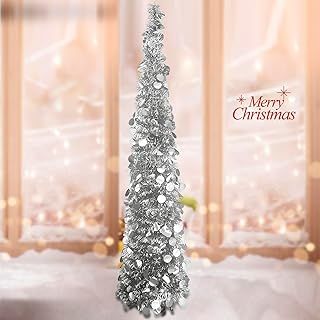 5ft/1.5M Collapsible Christmas Tinsel Tree Pop Up Artificial Xmas Tree with Easy Assembly Stand for Holiday Xmas Decorations, Home Display, Office Decor Indoor Outdoor