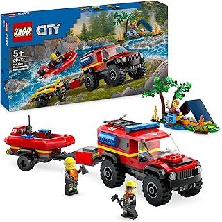 LEGO City 4x4 Fire Engine with Rescue Boat Building Toys for 5 Plus Year Old Boys & Girls, Imaginative Play Set Includes a Dinghy, Trailer, Tent, Camper and 2 Firefighter Minifigures, Gift Idea 60412