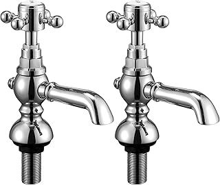 Wasserrhythm Basin Taps Pair Waterfall Victoria Traditional Twin Bathroom Sink Taps in Pair Two Basin Pillar Tap Classic Cross Lever Chrome Brass