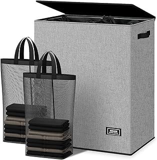 SOLEDI Double Laundry Basket with Lid, Washing Basket with Removable Laundry Bags, 145L Large Storage Baskets Laundry Hamper, Collapsible Laundry Baskets Washing Baskets for Laundry -Grey