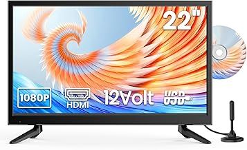 Desobry 22 Inch 1080P Small TV with Built-in DVD Player, Mini TV Built-in DVB-T2 tuner and equipped with Antenna, HDMI/USB/AV Input – 12V TV-DVD Combo for Motorhomes, Caravans, Kitchen and Bedroom
