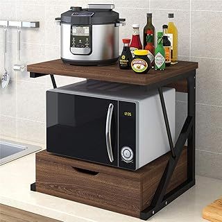 2-Tier Countertop Microwave Oven Shelf Stand with Drawers, Kitchen Baker's Rack Spices Storage Organizer Shelving Unit Freestanding Wood Top Metal Frame