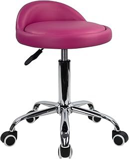 KKTONER PU Leather Round Rolling Stool with Back Rest Height Adjustable Swivel Drafting Work SPA Task Chair with Wheels (Rose red)
