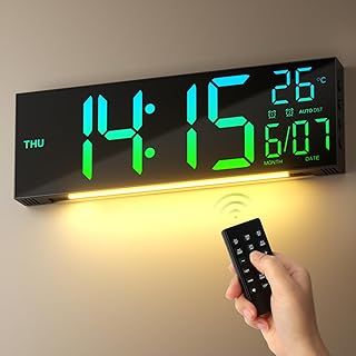 16.5'' Digital Wall Clock, Large Led Wall Clock with Remote Control, 8 RGB Colors, Dual Alarm, Auto Brightness, Date, Auto DST, Temperature, Wall Clocks for Bedroom Office Kitchen Home School