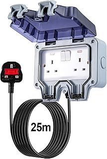Youyijia 25M 2 Gang IP66 Outdoor Waterproof Socket with Extension Lead 13Amp Double Switched Sockets Cover Rated Weatherproof Wall Plug Socket Box