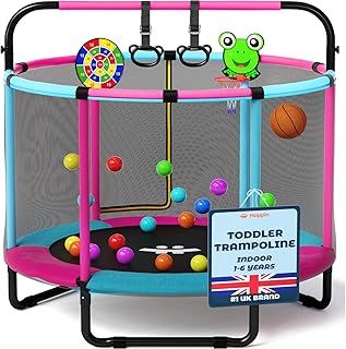 55” Toddler Trampoline Indoor & Outdoor Playset Ages 1-6, 5FT Kids, Ultra Safe Mini Trampoline for Kids with Safety Enclosure Net, Gifts for Birthday with Basketball Hoop