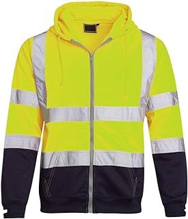 shelikes Mens Hi Vis Viz Jacket High Visibility Coat Two Tone Hooded Sweatshirt Zip Up Hoody Safety Work Top
