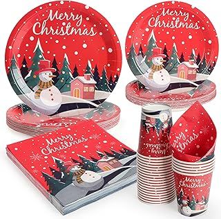 Christmas Plates 96pcs Paper Plates, Christmas Tableware, Xmas Decorations Dinner Set, Clude Christmas paper plates, Cups and Napkins, 24 Guests Christmas Party Tableware Set