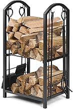 COSTWAY Firewood Log Rack with 4 Pcs Fireplace Tools, Wrought Iron Storage Logs Holder with Poker, Tong, Brush and Shovel, Indoor Outdoor Wood Storage Stacking Stand (Black)