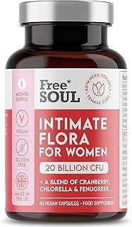 Intimate Flora for Women | 20 Billion CFU Fortified with 15,000mg Cranberry, Fenugreek & Chlorella | Bio Cultures for Women's Intimate Flora | 60 Capsules | Free Soul