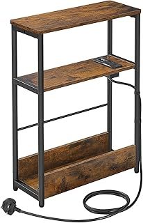 VASAGLE Slim Side Table with Charging Station, 3-Tier Narrow Bedside Table, End Table for Small Spaces, Magazine Rack, for Living Room, Bedroom, Study, Rustic Brown and Ink Black LET335K03