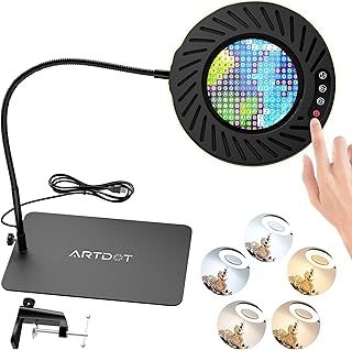 ARTDOT 10X Magnifying Glass with Light and Stand, 144 LEDs Desk Lamp with 5 Colour Temperatures and 9 Levels Adjustable Brightness for Diamond Art Accessories Hobbies Crafts Reading Close Work