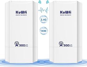 KuWFi 2.4G Point to Point WiFi Bridge, 300Mpbs Wireless Bridge Outdoor CPE with 12dBi High Gain Antenna, 1KM Long Range WiFi Extender, Ethernet Bridge for Starlink, Garden, Business, Farm, 24V PoE