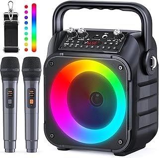 Karaoke Machine with Two Wireless Microphones, Portable Karaoke Machine for Adults & Kids, Portable Bluetooth Speaker with PA System, LED Lights, Supports TF Card/USB, AUX in, FM, USB,TWS (Black)