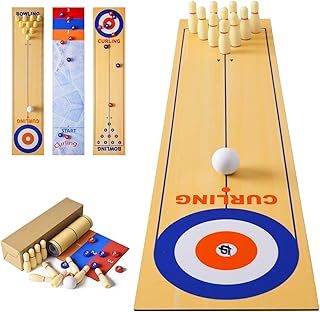 3 in 1 Table Top Shuffleboard Pucks and Bowling Ball and Curling Games, Mini Tabletop Game with 8 Rollers, Portable Tabletop Family Game for Indoor Outdoor