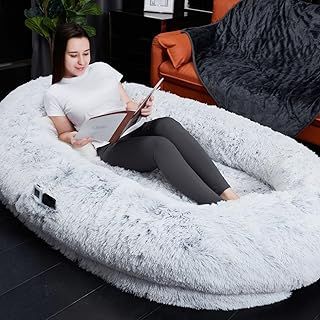 Groundlevel Oversized Fux Fur Human Pet Bed With Phone Pouch - Adult Size 173 x 96 x 30cm.