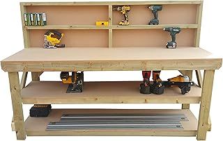 Wooden MDF Workbench With Back and Double Shelf - Work Table Handmade Strong Heavy Duty - Made From Construction Grade Timber (5ft)
