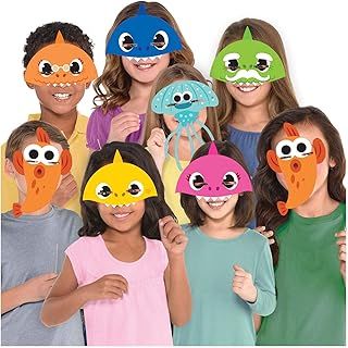 amscan 9908482-8 Assorted Official Pink Fong Baby Shark Paper Masks Birthday Party Accessory