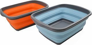 SAMMART 10L - Set of 2 Collapsible Tub - Foldable Dish Tub - Portable Washing Basin - Space Saving Plastic Washtub (Sea Angel + Orange, 2)
