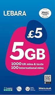 Lebara UK Pay As You Go SIM Card - 5GB Data, 1000 UK Minutes & Texts, 100 International minutes for £5