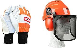 Oregon Chainsaw Gloves, Left-Hand Protection, PPE Clothing, Orange – Large (Size 10) (91305L) & Yukon Chainsaw Safety Helmet with Protective Ear Muff and Mesh Visor (562412), Black