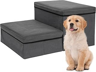 Dog Stairs with Storage 2 Steps Foldable 2-in-1 Pet Stairs Extra Wide Pet Ramp Pet Ladder Pet Steps for Small to Large Dogs Cats, Dark Grey