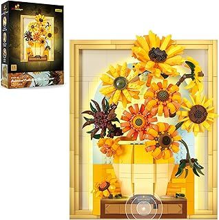 Sunflower Art Building Toy Set with Light, 70004 Van Gogh Painting Wall Art Desktop Decor for Home Office Living Room, Sunflower Picture Frame Model Gift for Men Women Him Her (1166PCS)