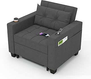 DURASPACE Sleeper Chair 3-in-1 Convertible Chair Bed Pull Out Sleeper Chair Beds Adjustable Single Armchair Sofa Bed with USB Ports, Side Pocket, Cup Holder for Small Space (Dark Gray)