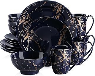 LOVECASA 'Daphne', 16 Pieces Porcelain Dinner Set Color Glaze with Gold Plate Crockery Set Kitchen Dinnerware Set with Dinner Plates, Dessert Plate, Bowls and Mugs, Service for 4, Blue