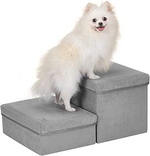 Dog Stairs, DREAMSOULE 2-Step Extra Wide Foldable Pet Steps with Storage, Pet Ramp Pet Ladder Best for Small to Large Pets (Grey)